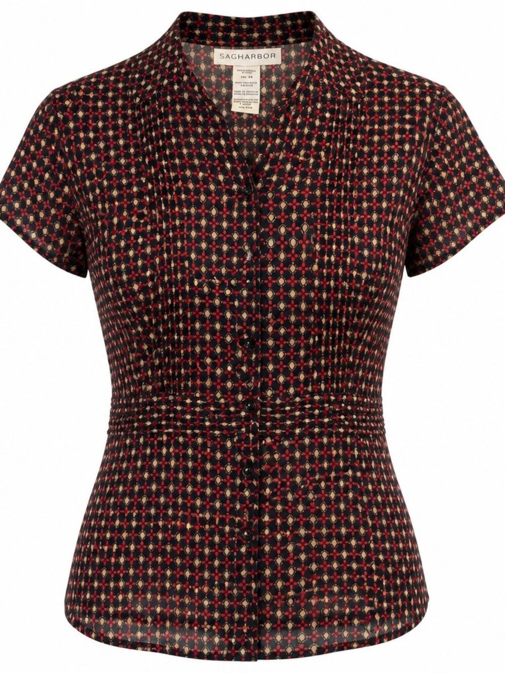 NWOT SAG HARBOR, Geometric Print Short Sleeve Pleated Blouse, Size 14